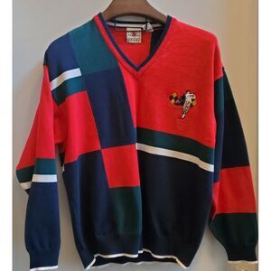 VTG Dad Sweater Golf V Neck Cotton Traders Sport Men's L Red/Navy/White Preppy!